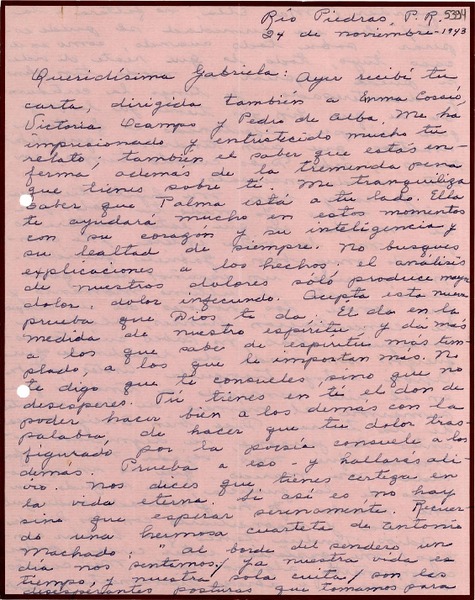 [Carta] 1943 nov. 24, Río Piedras, Puerto Rico [a] Gabriela Mistral