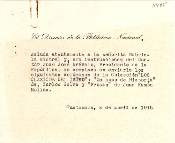 [Tarjeta] 1948 abr. 3, Guatemala [a] Gabriela Mistral