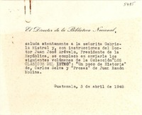 [Tarjeta] 1948 abr. 3, Guatemala [a] Gabriela Mistral