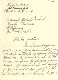[Carta] 1948 sept. 19, Guatemala [a] Gabriela Mistral, Santa Bárbara, California, Estados Unidos