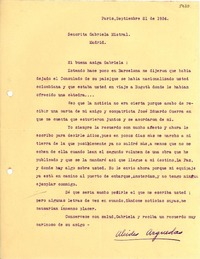 [Carta] 1934 sept. 21, Paris [a] Gabriela Mistral, Madrid