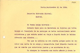[Carta] 1934 sept. 21, Paris [a] Gabriela Mistral, Madrid