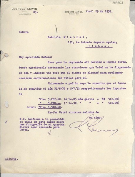 [Carta] 1936 abr. 29, Buenos Aires, [Argentina] [a] Gabriela Mistral, Lisboa, [Portugal]