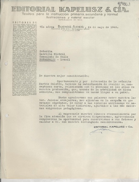 [Carta] 1945 mayo 24, Buenos Aires, [Argentina] [a] Gabriela Mistral, Consulado de Chile, Petrópolis, Brasil