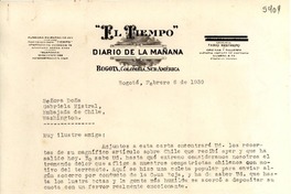 [Carta] 1939 feb. 6, Bogotá, Colombia [a] Gabriela Mistral, Washington