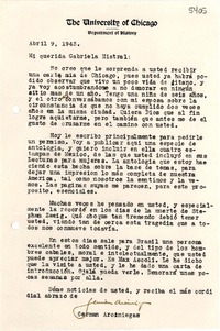 [Carta] 1943 abr. 9, [Chicago] [a] Gabriela Mistral