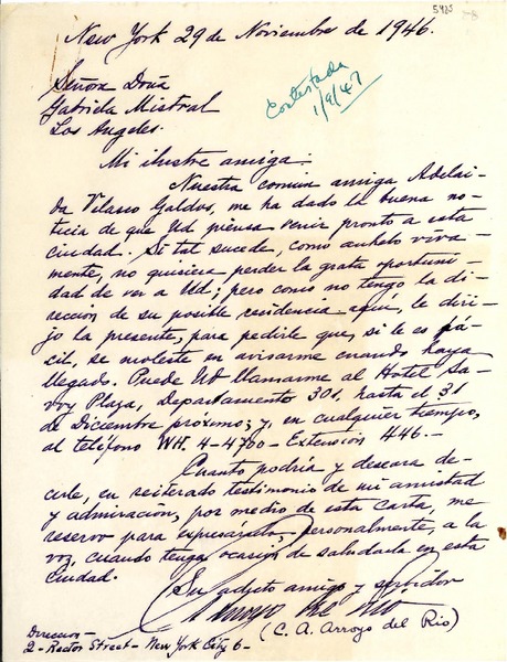 [Carta] 1946 nov. 29, New York [a] Gabriela Mistral, Los Angeles, [EE.UU.]