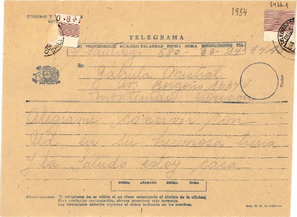 [Telegrama] [1954], [Chile] [a] Gabriela Mistral, Concón