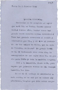[Carta] 1945 janv. 5, Paris, [Francia] [a] Gabriela [Mistral]