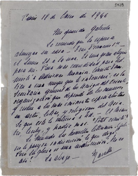 [Carta] 1946 ene. 18, Paris, [Francia] [a] Gabriela Mistral, Hotel Bristol