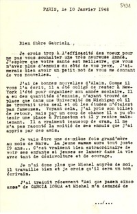 [Carta] 1948 janv. 10, Paris, [France] [a] Gabriela [Mistral]