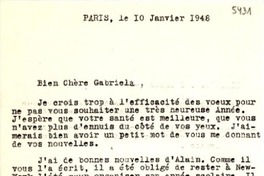 [Carta] 1948 janv. 10, Paris, [France] [a] Gabriela [Mistral]