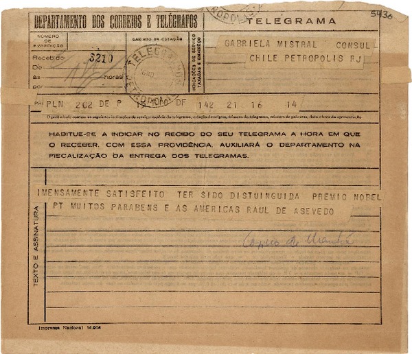 [Telegrama] 1945 nov. 16, Río de Janeiro, [Brasil] [a] Gabriela Mistral, Petrópolis