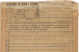 [Telegrama] 1945 nov. 16, Río de Janeiro, [Brasil] [a] Gabriela Mistral, Petrópolis