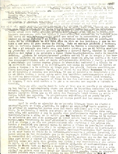 [Carta] 1951 oct. 30, Bayamo, Cuba [a] Gabriela Mistral, Rapallo, Italia