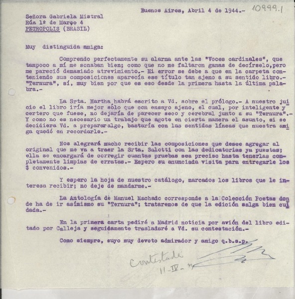 [Carta] 1944 abr. 4, Buenos Aires, [Argentina] [a] Gabriela Mistral, Petrópolis, Brasil