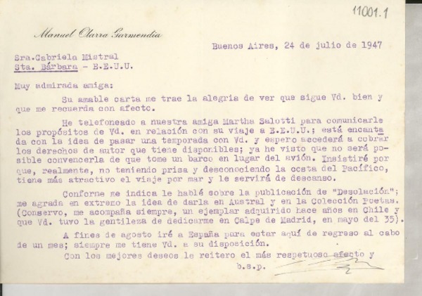 [Carta] 1947 jul. 24, Buenos Aires, [Argentina] [a] Gabriela Mistral, Sta. Bárbara, EE.UU.