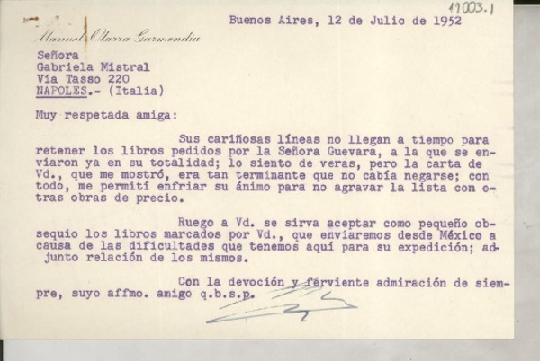 [Carta] 1952 jul. 12, Buenos Aires, [Argentina] [a] Gabriela Mistral, Nápoles, Italia