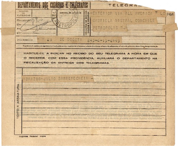 [Telegrama] 1945 nov. 16, Bogotá, [Colombia] [a] Gabriela Mistral, Petrópolis, RJ, [Brasil]