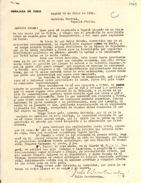 [Carta] 1951 jul. 26, Bogotá, [Colombia] [a] Gabriela Mistral, Rapallo, Italia