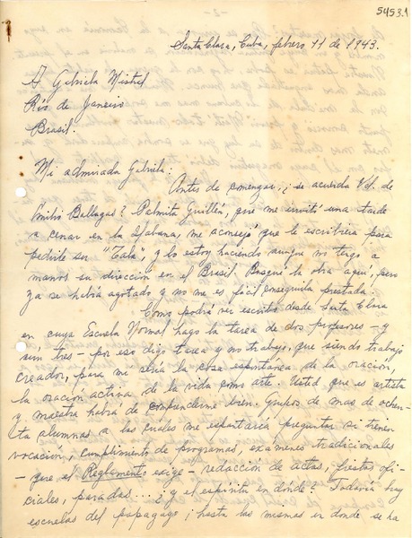 [Carta] 1943 feb. 11, Santa Clara, Cuba [a] Gabriela Mistral, Río de Janeiro, Brasil