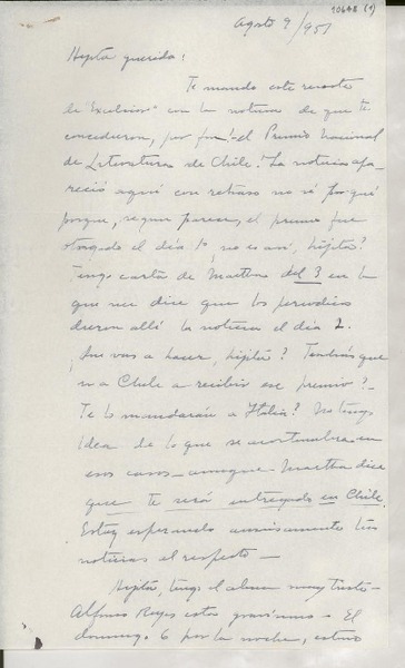 [Carta] 1951 ago. 9, México [a] Gabriela Mistral