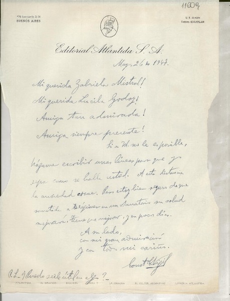[Carta] 1947 mayo 26, Buenos Aires, [Argentina] [a] Gabriela Mistral