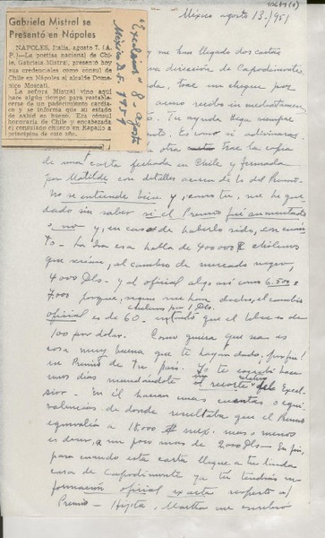 [Carta] 1951 ago. 13, México [a] Gabriela Mistral