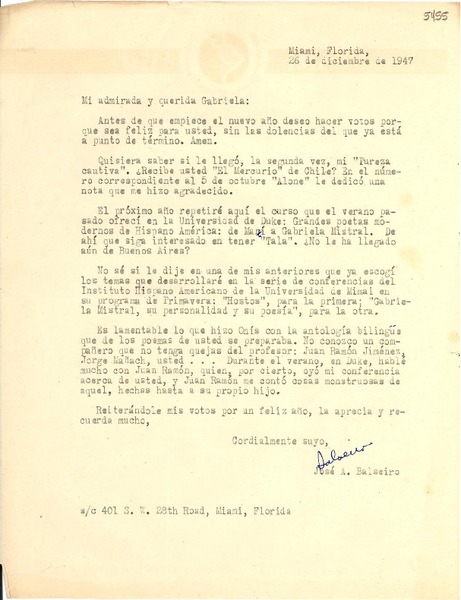 [Carta] 1947 dic. 26, Miami, Florida [a] Gabriela Mistral