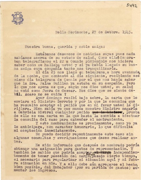 [Carta] 1943 sept. 27, Bello Horizonte [a] [Gabriela Mistral]