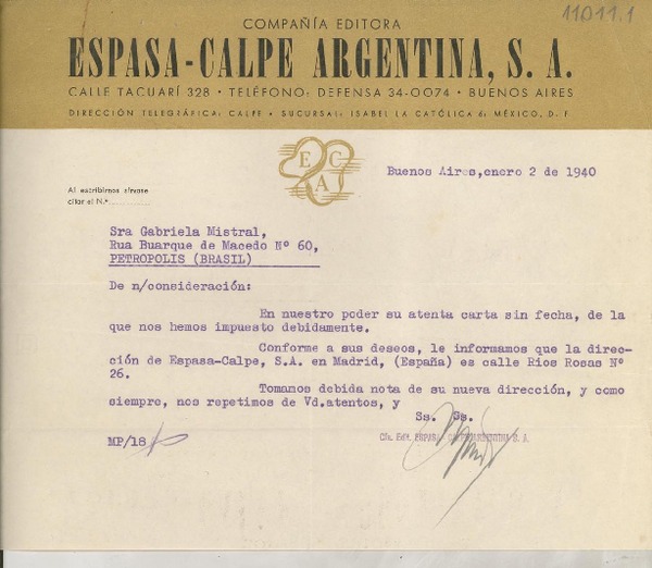 [Carta] 1940 ene. 2, Buenos Aires, Argentina [a] Gabriela Mistral, Petrópolis, Brasil