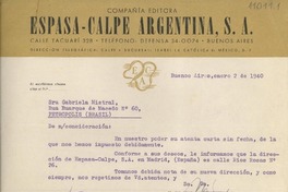 [Carta] 1940 ene. 2, Buenos Aires, Argentina [a] Gabriela Mistral, Petrópolis, Brasil