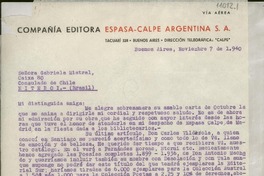 [Carta] 1940 nov. 7, Buenos Aires, Argentina [a] Gabriela Mistral, Consulado de Chile, Niteroi, Brasil