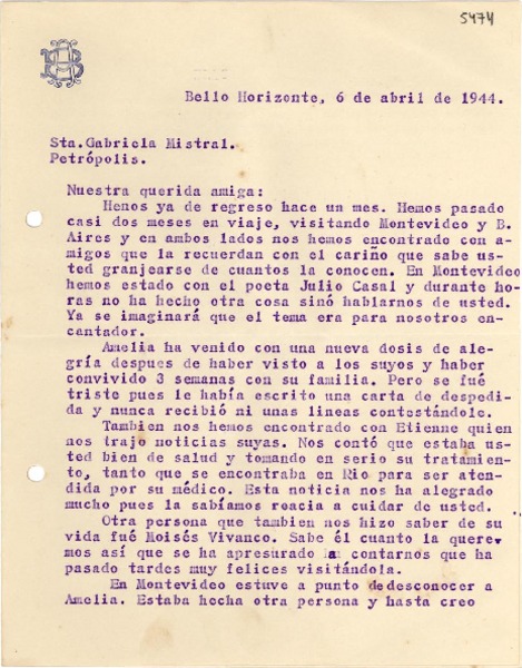[Carta] 1943 abr. 6, Bello Horizonte, [Brasil] [a] Gabriela Mistral, Petrópolis, [Brasil]