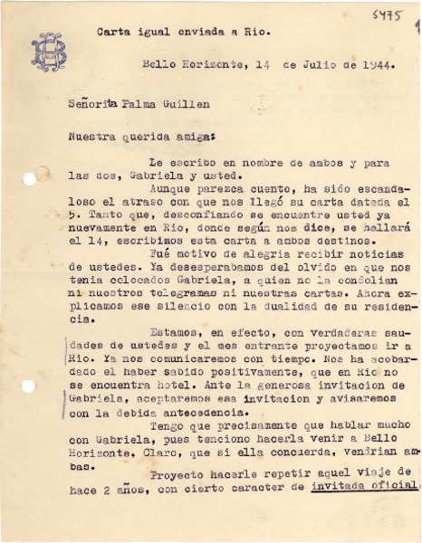 [Carta] 1944 jul. 14, Bello Horizonte [a] Palma Guillén
