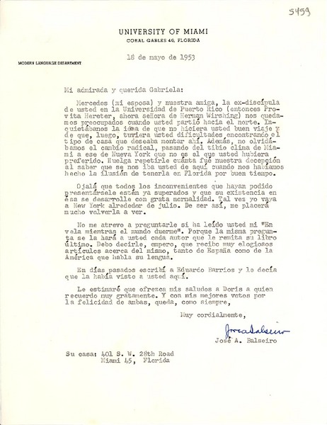[Carta] 1953 mayo 18, Miami, Florida [a] Gabriela Mistral