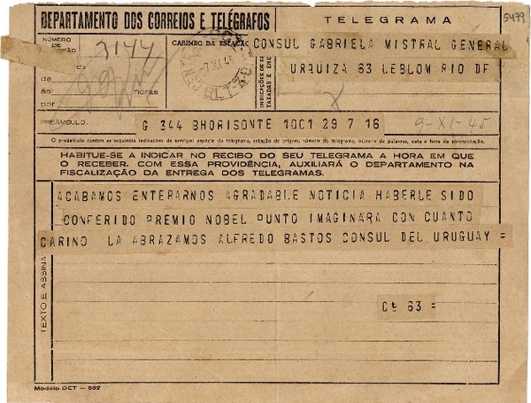 [Telegrama] 1947 nov. 7, B Horisonte, [Brasil] [a] Gabriela Mistral, Rio DF, [Brasil]