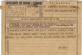 [Telegrama] 1947 nov. 7, B Horisonte, [Brasil] [a] Gabriela Mistral, Rio DF, [Brasil]