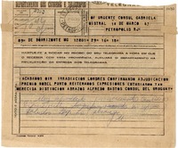 [Telegrama] 1947 março 1, Bo Horizonte, [Brasil] [a] Gabriela Mistral, Petrópolis, RJ, [Brasil]