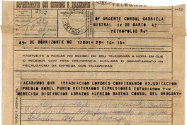 [Telegrama] 1947 março 1, Bo Horizonte, [Brasil] [a] Gabriela Mistral, Petrópolis, RJ, [Brasil]
