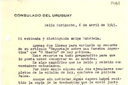 [Carta] 1945 abr. 6, Bello Horizonte [a] Gabriela [Mistral]