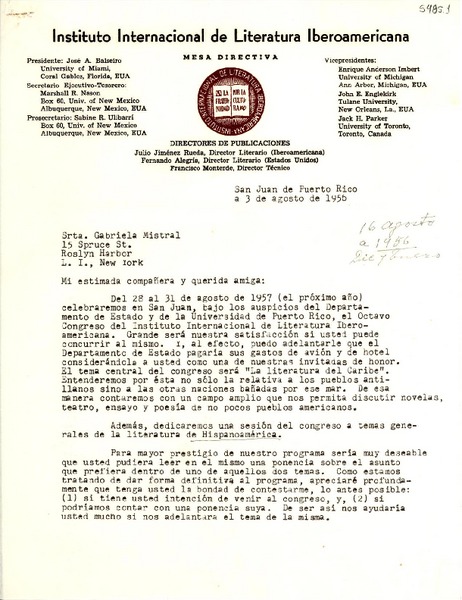 [Carta] 1956 ago. 3, San Juan de Puerto Rico [a] Gabriela Mistral, Roslyn Harbor, New York