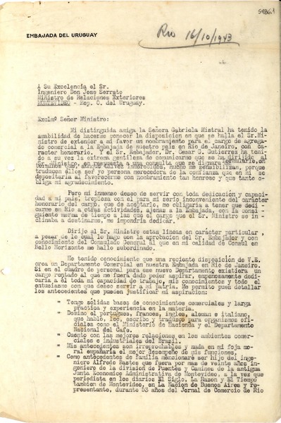[Carta] 1943 oct. 16, Río de Janeiro [a] José Serrato