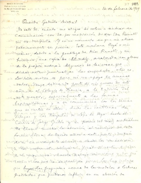[Carta] 1949 feb. 16, Paris [a] Gabriela Mistral