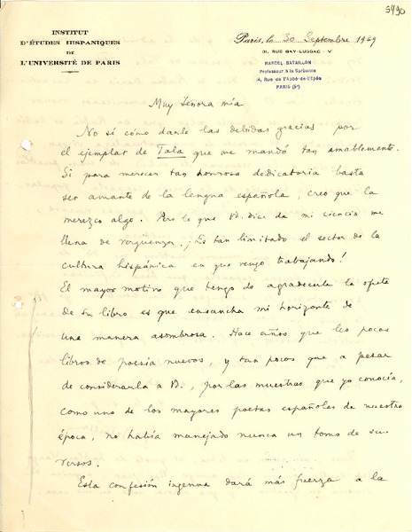 [Carta] 1939 sept. 30, Paris [a] Gabriela Mistral