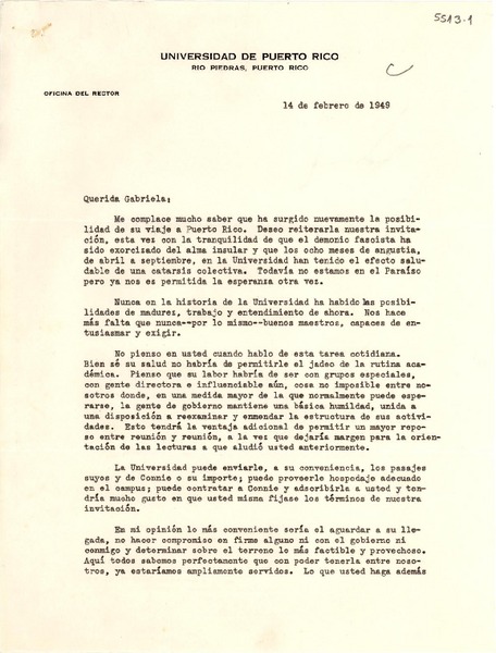 [Carta] 1949 feb. 14, Río Piedras, Puerto Rico [a] Gabriela [Mistral]