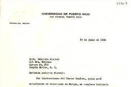 [Carta] 1954 jun. 24, Río Piedras, Puerto Rico [a] Gabriela Mistral, New York, [EE.UU.]