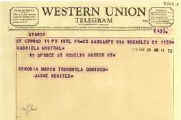 [Telegrama] 1956 oct. 29, San Juan, [Puerto Rico] [a] Gabriela Mistral, 15 Spruce St, Roselyn Harbor, NY, [EE.UU.]