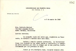[Carta] 1948 mar. 5, [Río Piedras, Puerto Rico] [a] Gabriela Mistral, Santa Bárbara, California