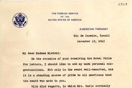 [Carta] 1945 dec. 10, Rio de Janeiro, Brazil [a] Gabriela Mistral, Petropolis, Brazil